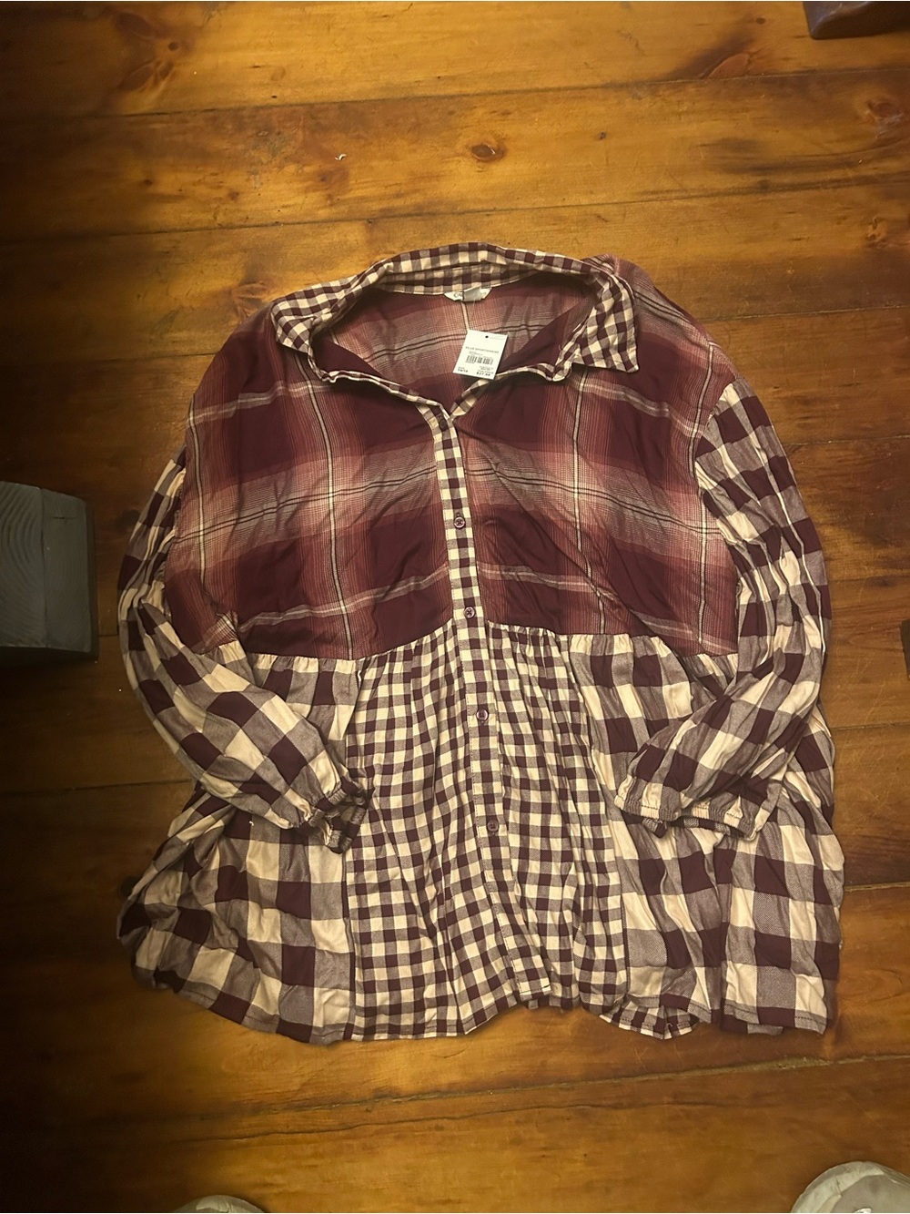 Cato Burgundy and Cream Plaid Button-Down Shirt